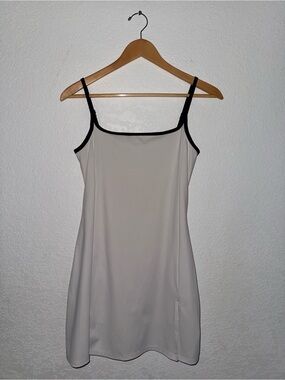 Qinsen Women’s spaghetti strap dress White Slip Dress with Black Trim and Straps